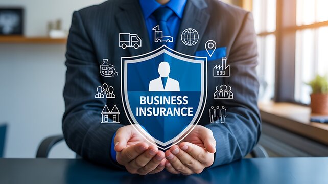 Business insurance concept with professional holding digital protection and policy icons