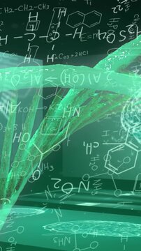 Dna structure spinning and chemical structures against screens on medical data processing