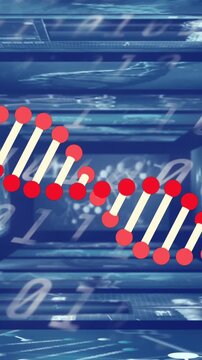 Dna structure spinning over screens on medical data processing against binary coding