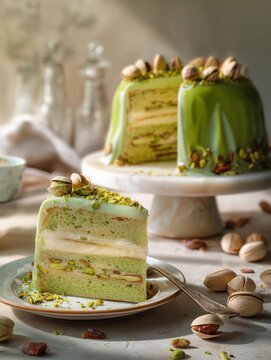 Ultra realistic close photograph of pistachio torta, rich dessert