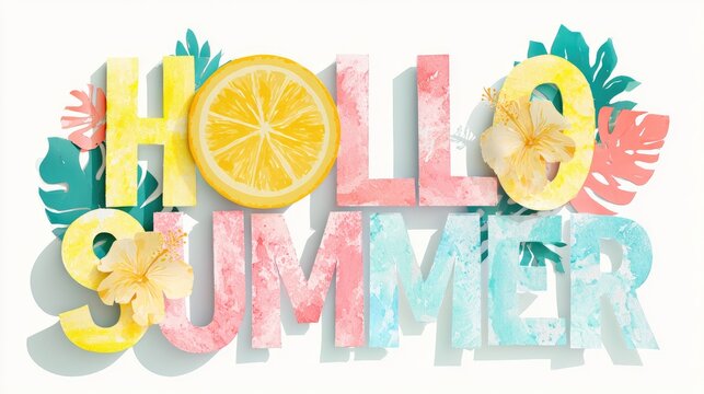 Hello Summer Typography with Tropical Leaves and Citrus Fruits.