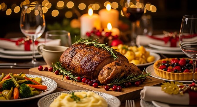 Festive christmas dinner table with roasted meat, vegetables, mashed potatoes, and berry tart, illuminated by warm candlelight and bokeh lights