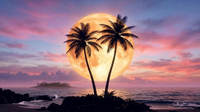 Palm trees silhouetted against a giant glowing orange moon, pastel twilight sky, dreamy fantasy atmosphere, 4K video