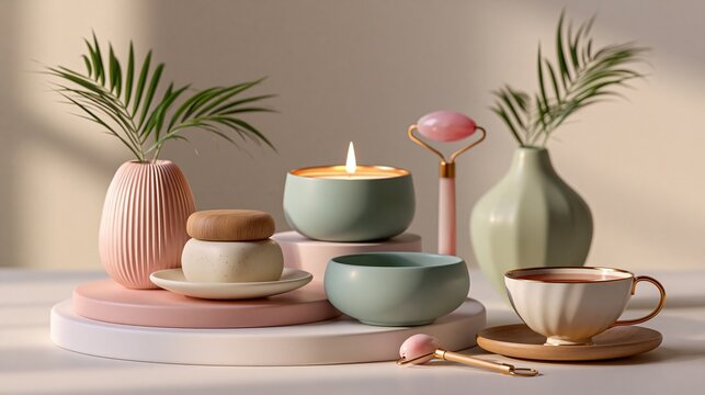 National Self-Care Awareness Month: 3D render illustration of a minimalist self-care flat lay scene, soap bar, candle, face roller, and tea cup arranged on a pastel pedestal