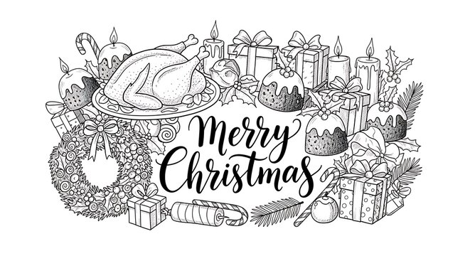 Merry christmas hand drawn lettering with festive elements like turkey, gifts, candles, christmas pudding, wreath and holly isolated on white background