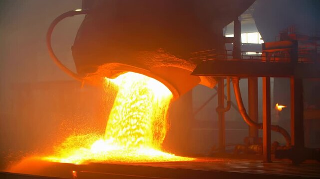 Suspended ladle pouring molten metal onto foundry floor with bright cascade, sparks, glowing splash, heavy hoses, dark industrial structure, and dramatic heat haze