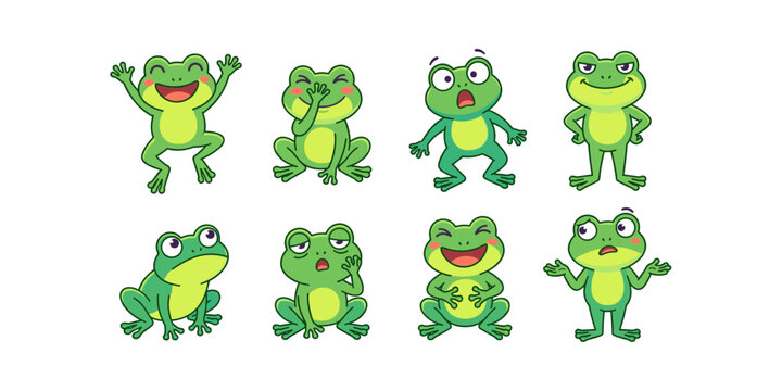 Cute Cartoon Frogs Expressing Different Emotions and Poses Vector Illustration Set