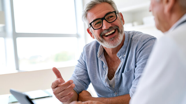 Smiling senior patient discusses prostate health with doctor during reassuring medical consultation