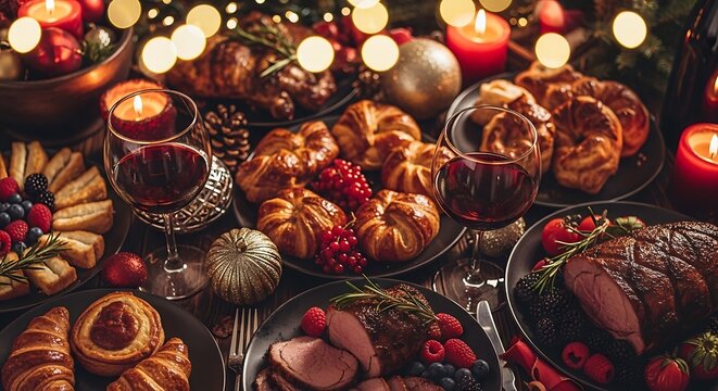 Festive christmas dinner table setting with roasted meat, pastries, red wine, berries, and candles, creating a warm and elegant holiday atmosphere