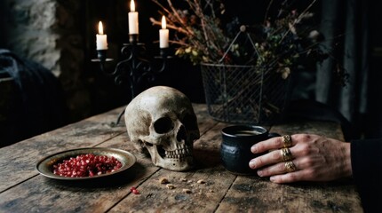 Gothic table with skull and candles © MST