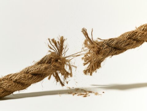 Close-up of a frayed rope breaking apart against a white background.