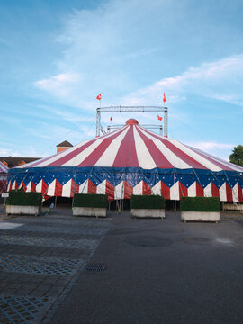 Red and white circus big top tent frontal view carnival festival show performance entertainment structure