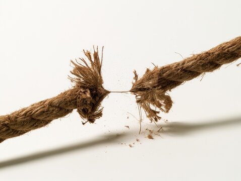 Close up of a frayed rope about to break on a white background.