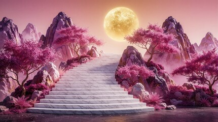 Fototapeta premium White marble stairs lead up through pink trees, mountains under large golden sun. Surreal fantasy landscape features dreamy pink scenery, glowing celestial light. Elegant stone stpic create peaceful