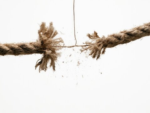 Close-up of a thick rope fraying and breaking apart against a white background.