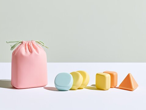 Pink Pouch with Colorful Geometric Shapes on White Surface.