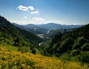 Fototapeta premium Stunning panoramic view of a lush green valley filled with yellow wildflowers under a clear blue sky.