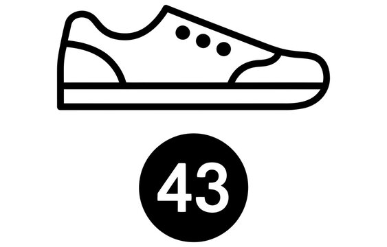 Black and white sneaker shoe icon with size number forty three label Vector, illustration