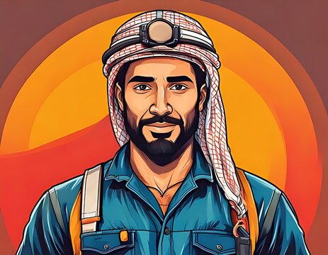 Portrait of a Middle Eastern man wearing a traditional headscarf and a mining headlamp.