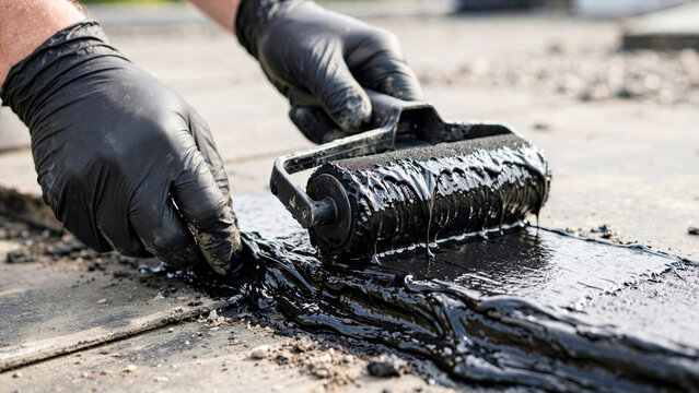Detail of a worker applying liquid rubber sealant to a flat roof seam with a roller brush, authentic image.