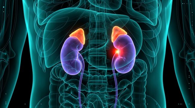 Anatomical illustration of human kidneys and adrenal glands in translucent cyan, showing inflammation and pain in right kidney for medical research and patient information.