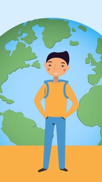 Animation of schoolboy icon and globe on blue background