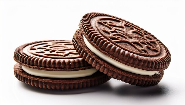 Sweet chocolate sandwich biscuits featuring rich cream filling on isolated white backdrop