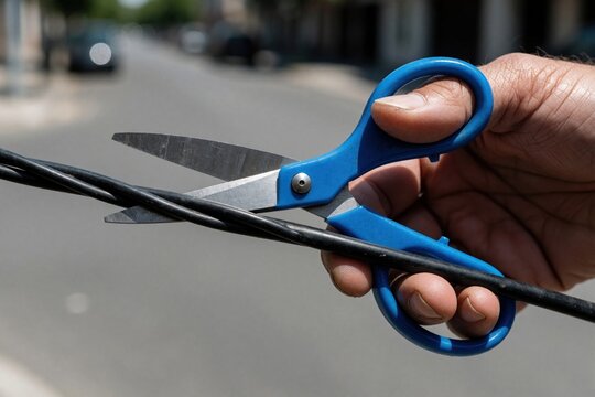 Hand holds blue scissors to cut black electrical wire outdoors. Close up on tool and cable with blurred street background. Action of severing connection.