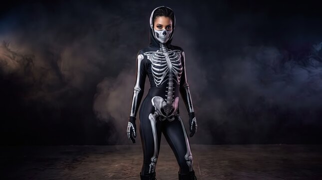 Woman in Realistic Skeleton Costume Standing Against Smoky Dark Background