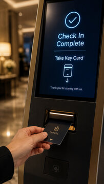 A person takes a key card from a check-in machine in the lobby of a hotel. The machine shows a message confirming the check-in is complete. It is evening and the lobby has warm lighting