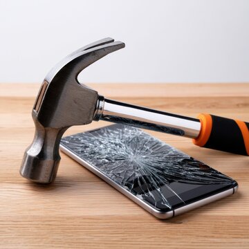 Metal claw hammer resting on a wooden surface with a smartphone screen severely shattered underneath, symbolizing damage or destruction of technology devices