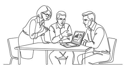 Fototapeta premium Continuous line drawing of business team collaborating on project with laptop at office