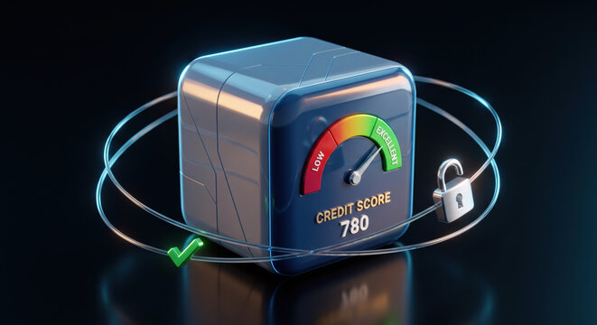 3D cube score device: real‑time credit monitoring, identity verification, fraud detection and secure sync.