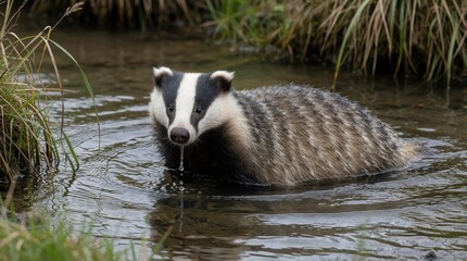 Obraz premium Wild badger walks through shallow water. This mammal has black and white stripes on its face and fur. It drinks water from a cool stream surrounded by green grass and reeds.
