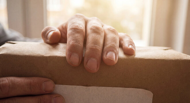 Cardboard box photo with hands holding package for shipping delivery and moving