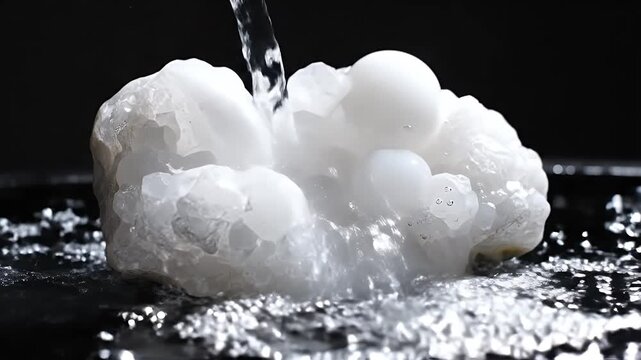 Close-up shot of a stunning white chalcedony geode cluster with smooth rounded formations and crystalline structures against a dark background.