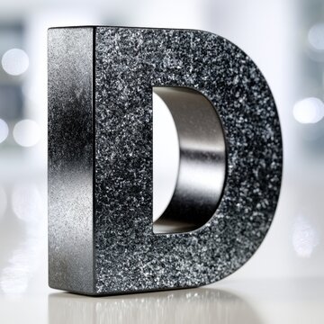Textured metallic letter d sculpture with sparkling granite-like surface standing on a reflective surface in soft blurred light background