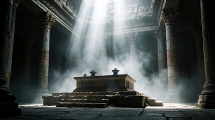 Fototapeta premium Ancient stone temple interior with massive columns, central altar. Bright sunbeams shine through thick mist, smoke. Mysterious atmosphere fills sacred hall with light, shadow. Historical architecture