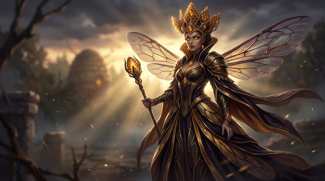 黄金の王冠と羽を持つミツバチの女王 ダークファンタジーAIイラスト