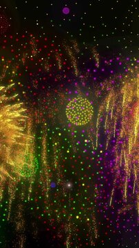 Animation of shapes and fireworks on black backrgound