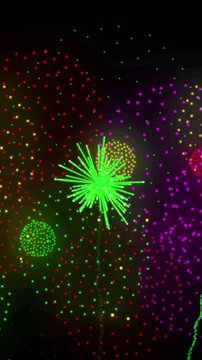 Animation of shapes and fireworks on black backrgound