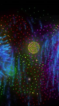 Animation of shapes and fireworks on black backrgound