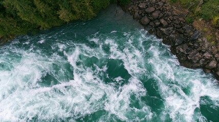 Obraz premium The Turquoise River Rapids Aerial View Over Forested Rocks and Shore
