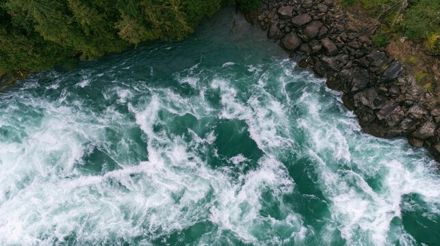 The Turquoise River Rapids Aerial View Over Forested Rocks and Shore