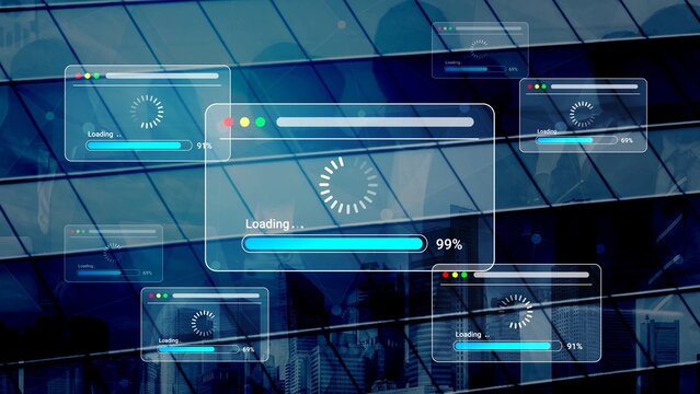 Loading Screens with Progress Bars Overlaid on Modern Skyscraper Building Reflection in Urban Environment Background Gluon.