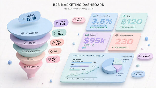 Clean isometric B2B marketing dashboard on light background with pastel sales funnels and floating badges
