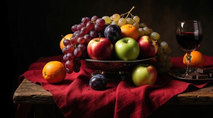 Fototapeta premium Still life featuring fresh fruit assortment in bowl, glass of red wine. Apples grapes oranges plums, chocolate pieces arranged on red cloth over wooden table. Rich colors, shadows create luxurious