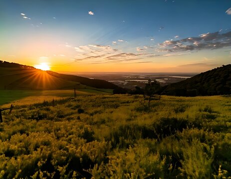 Stunning golden sunset over rolling hills in rural landscape.