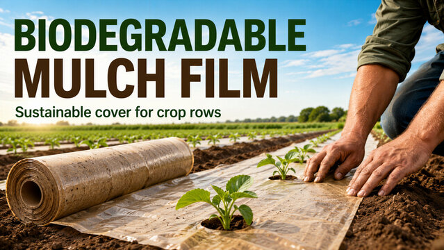 Farmers work in a field during the day, placing biodegradable mulch film over young plants to protect the soil. This practice aims to enhance crop growth and minimize environmental impact