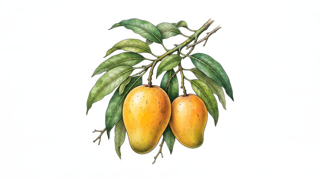 A beautiful illustration of a ripe mango branch with two succulent yellow mangoes, showcasing natural beauty and tropical abundance
